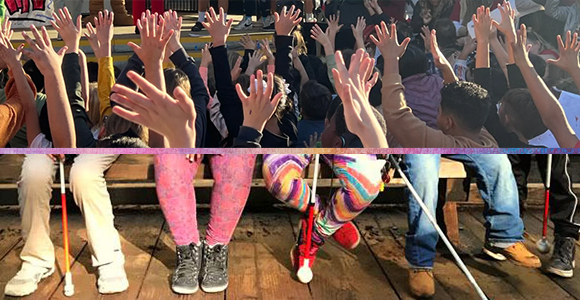 split image of several raised hands on the top, and legs, feet and white canes on the bottom